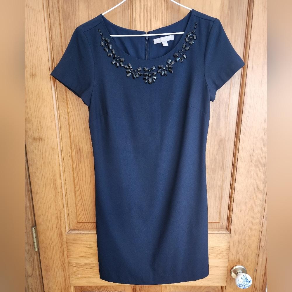 Banana Republic Navy Blue Short Sleeve Dress with Black Jewel Neckline - Size 2